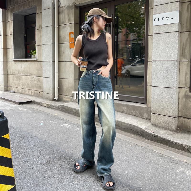 Tristine2023初秋新款ins长裤男友风阔腿裤女复古年代风牛仔裤女