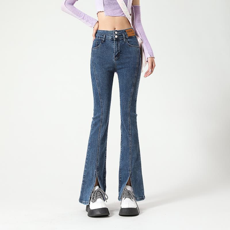 哲娜纯牛仔裤女春夏2025新款设计感高腰显瘦修身开叉拖地微喇叭裤