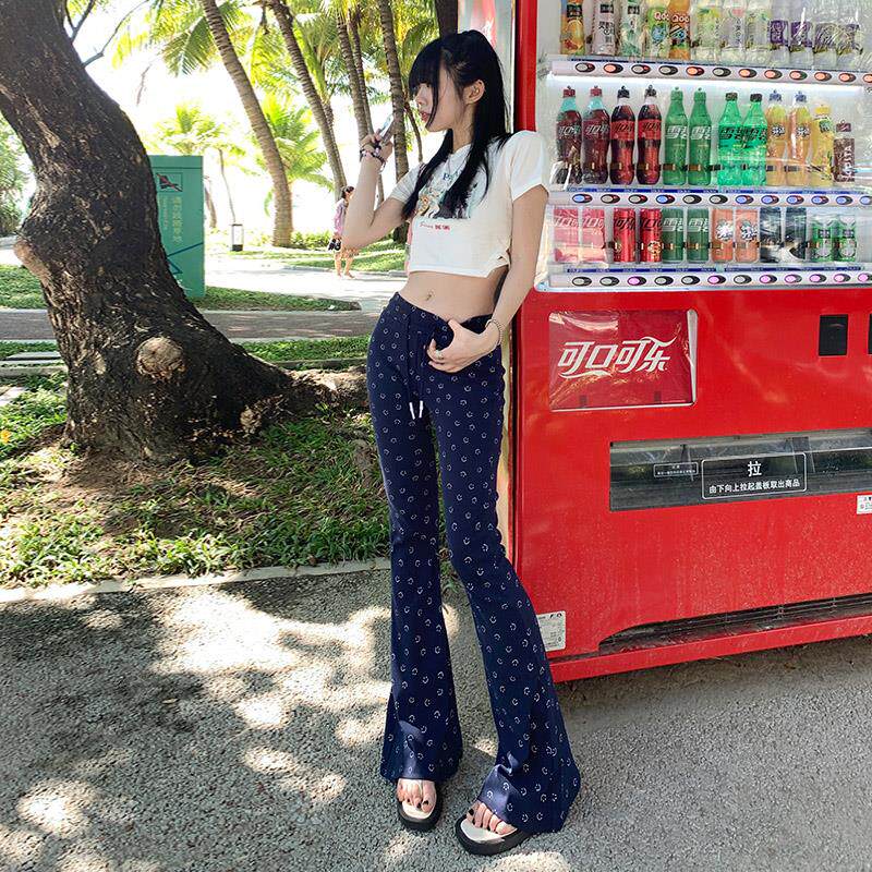 OROI藏青休闲裤女2024年新款高腰显瘦时尚少女氛围笑脸设计喇叭裤
