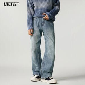UKTK直筒微喇牛仔裤男高级感cleanfit春秋季薄款水洗浅蓝色牛仔裤