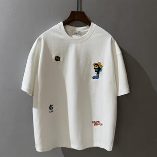 创意刺绣花男款白色t恤圆领短袖2025夏新款简约百搭高端宽松上衣