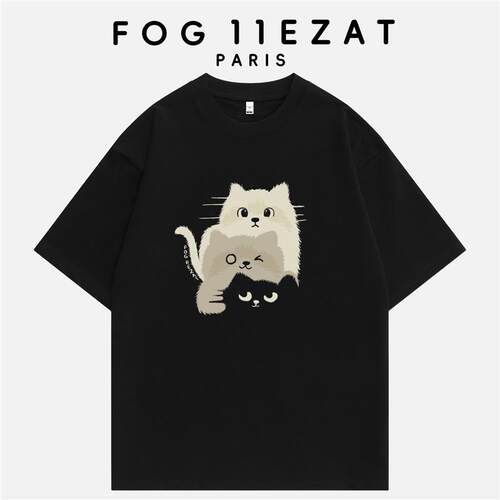FOG 11EZAT联名潮牌2026年短袖T恤猫咪图案宽松圆领上衣男女款