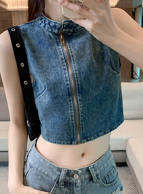 美式复古辣妹牛仔无袖背心女春夏新款韩版设计感短款炸街拉链上衣