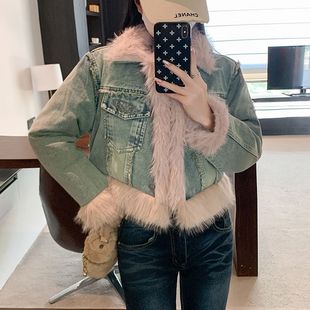 夹棉翻领毛毛拼接牛仔棉衣外套女小个子冬季加厚短款夹克棉服上衣