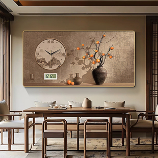 宋代美学餐厅带钟表装饰画新中式客厅新款挂钟壁画高级感时钟挂画