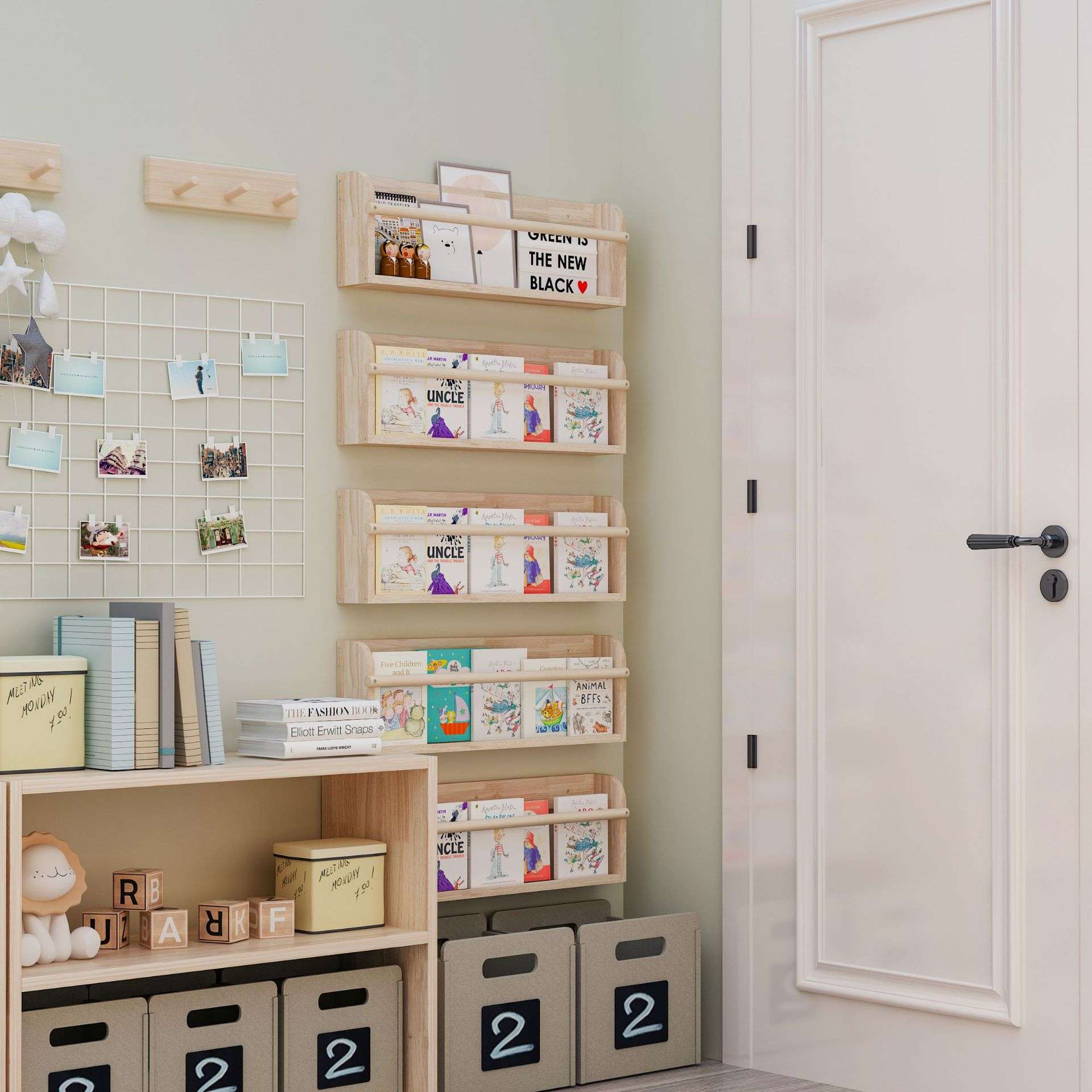 儿童房简易风实木储物架上墙书架隔板门后台面绘本立式置物架