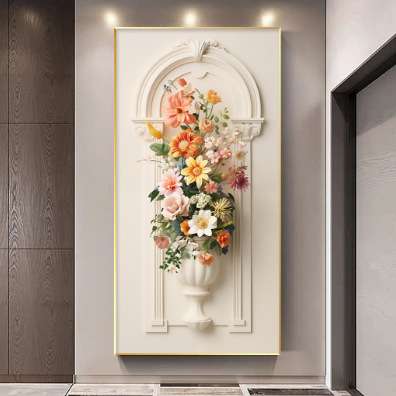 入户玄关装饰画走廊进门挂画竖版3d立体墙上植物花卉创意浪漫温馨图片