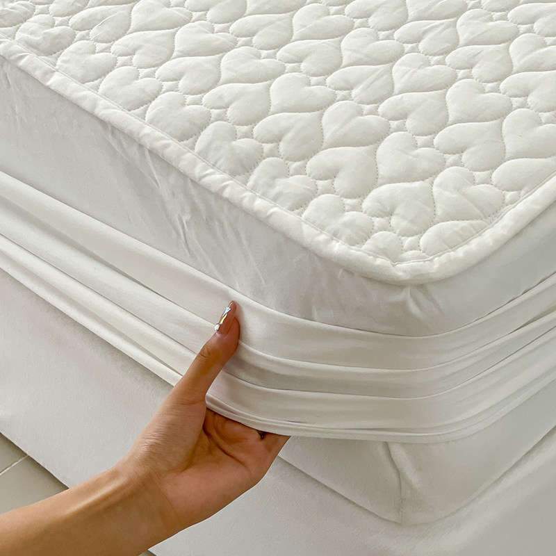 极速纯色纯棉f夹棉加厚床笠绗缝爱心图案可水洗床垫保护套白色防