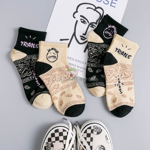 极速ZD袜子男短l袜鬼脸腰果花春秋夏天ins潮流短筒低帮女男士