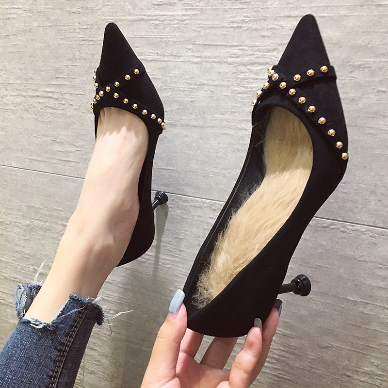 极速2026春h秋新款黑色绒面高跟鞋女细跟尖头猫跟3cm低跟铆钉职业