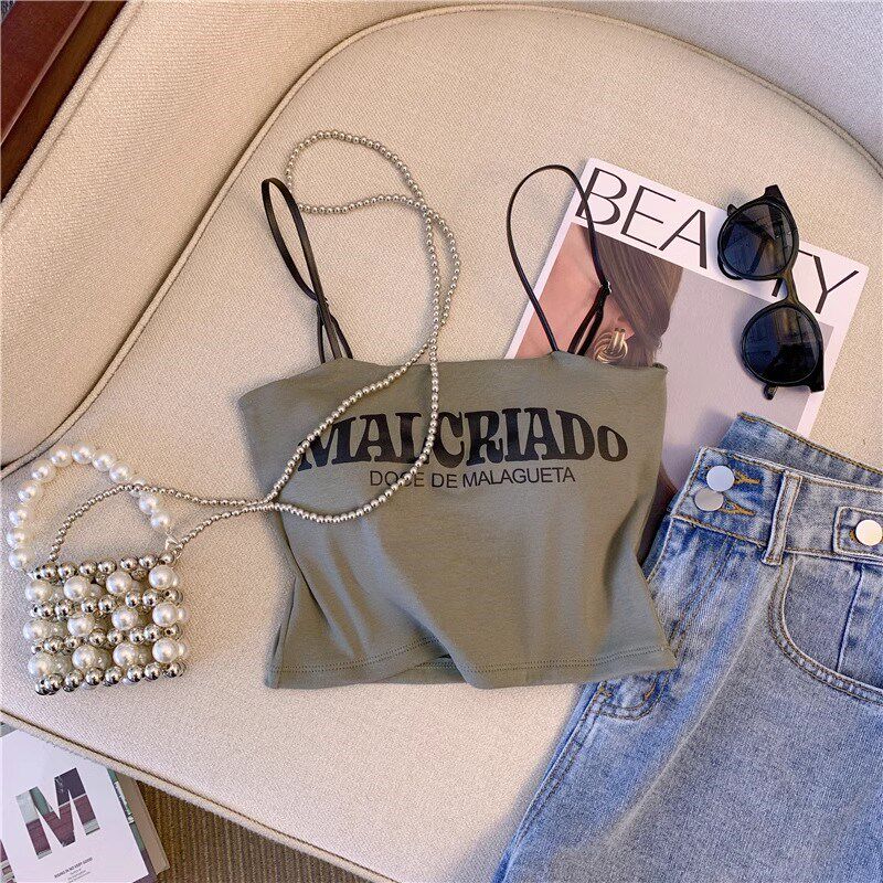 新品美式辣妹小吊带背心女外穿内搭打底修身显瘦S夏带胸垫短款抹