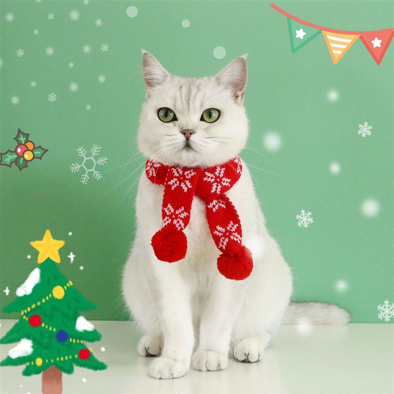 新品猫咪狗狗圣诞围巾宠物针织雪花格子兔毛O线微博保暖新年球球