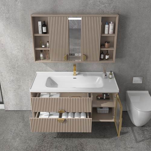 极速韩国现代简约橡木浴室柜组合隐藏式智能风水镜柜陶.瓷一体洗