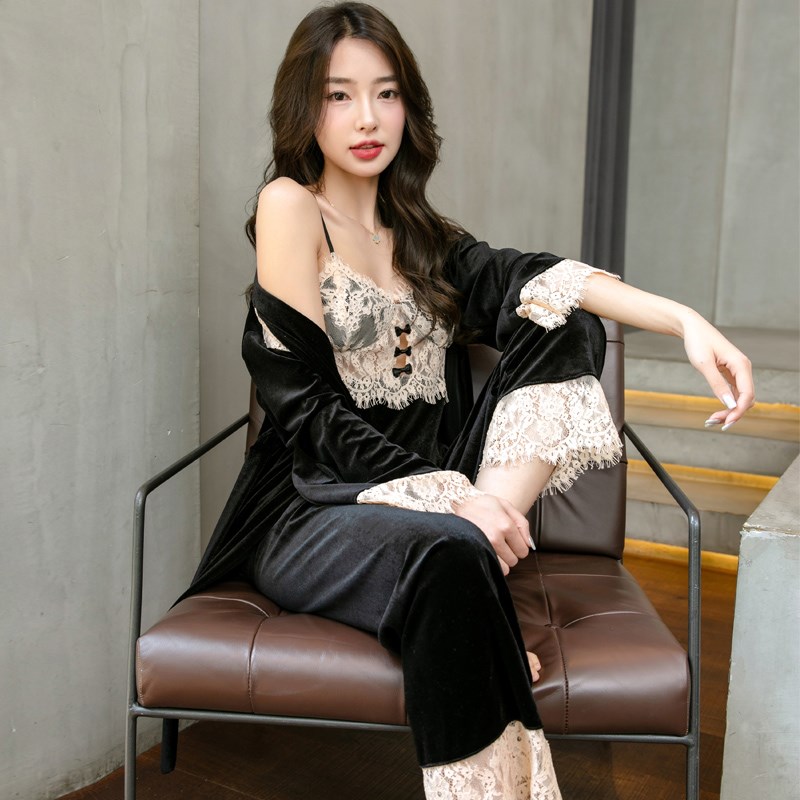 新品睡衣女春秋j款冬季金丝绒性感吊带睡袍长袖长裤三件套装甜美