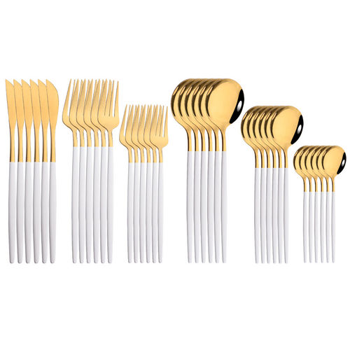 新品36Pcs White Gold Dinnerware Cutlery Set Knife DesYsert F