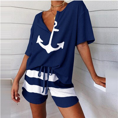 极速Summer 2Pcs Women Tracksuit BoaFt Anchor Print Shirt and