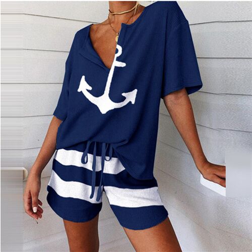极速Summer 2Pcs Women Tracksuit BoaFt Anchor Print Shirt and