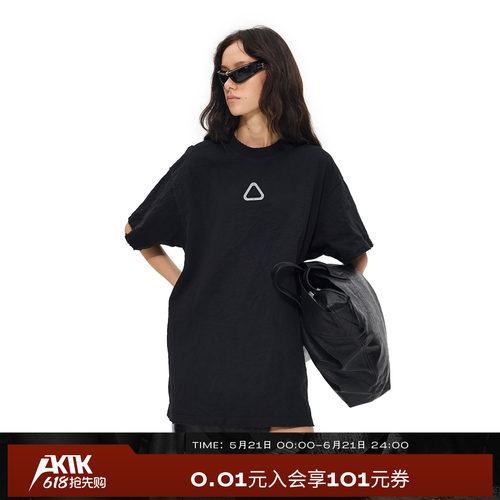AKTK 夏天穿搭纯棉三角牌男女同款水洗黑色T恤修身内搭宽松上衣