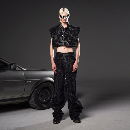 AKTK马甲 春夏新品 原创设计垫肩炒色牛仔背心马甲外套