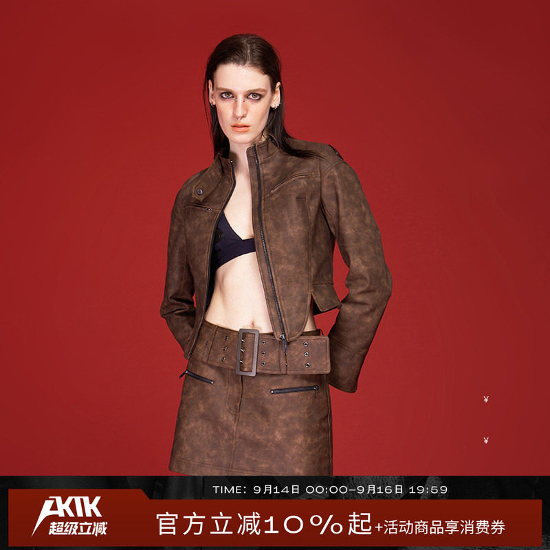 AKTK半裙秋冬新品设计感美拉德复古做旧金属扣腰带机车短裙女图片