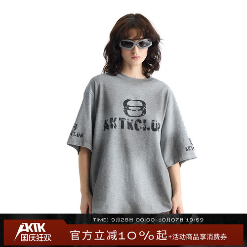 AKTKLOGO喷绘中花灰色做旧潮流圆领短袖T恤女夏2026新款