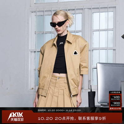 AKTK翻领落肩宽松时尚舒适拉链百搭金属牌中袖春季外套女