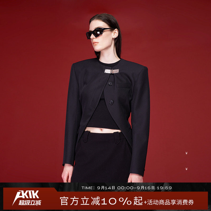 AKTK西装 秋冬新品设计感小众金属扣修身无领西装高级外套女图片