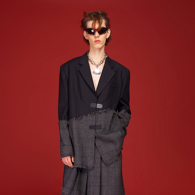 AKTK【 田栩宁明星同款】西装中性不规则毛边拼接廓形垫肩外套男