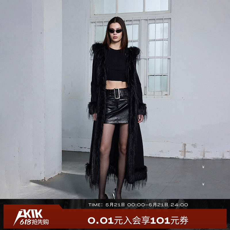 AKTK皮草拼接收腰长外套