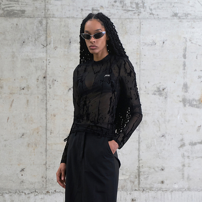 AKTK上衣2024秋季新品黑色圆领长袖百搭微透纱感气质性感上衣