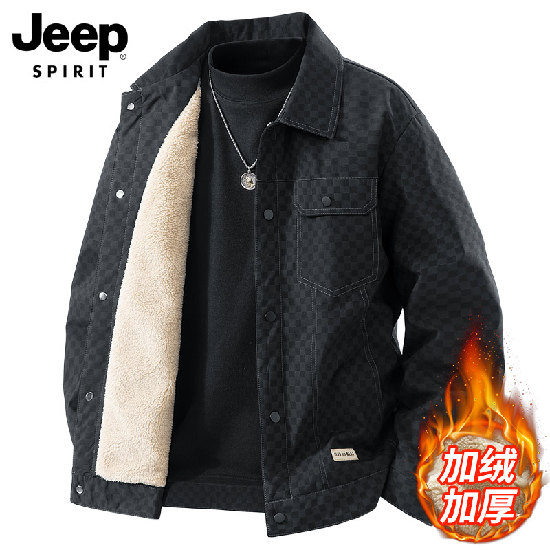 吉普翻领加绒夹克男士棋盘格外套