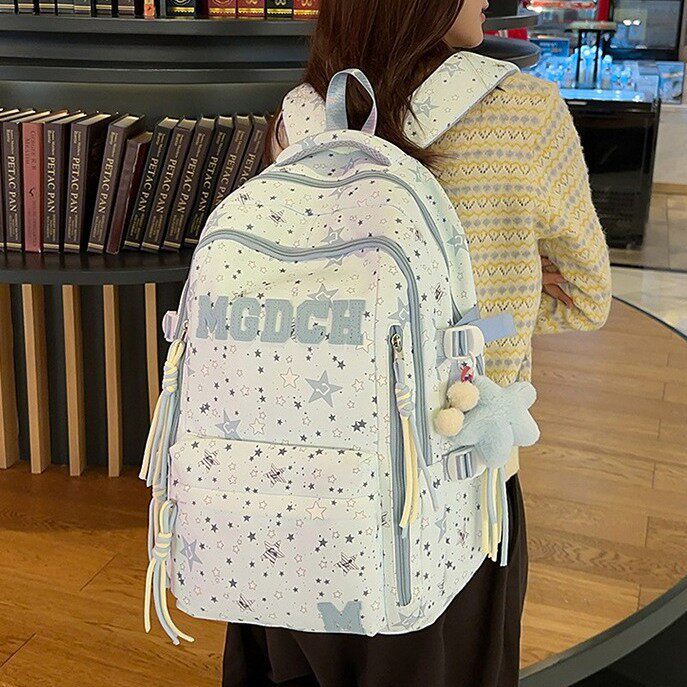 新款高颜值小清新星星书包女森系浅蓝色初高中学生多隔层双肩包