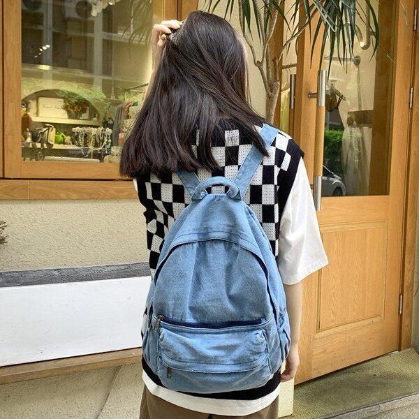 街头酷感风柔蓝牛仔肌理双肩包女学生极简屿序感通勤百搭松弛背包