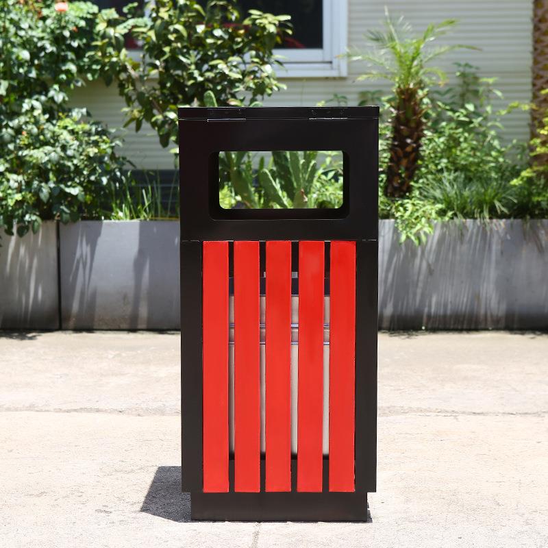 厂家方形单桶果皮箱户外翻盖钢木垃圾桶公园景区带烟缸垃圾箱双桶