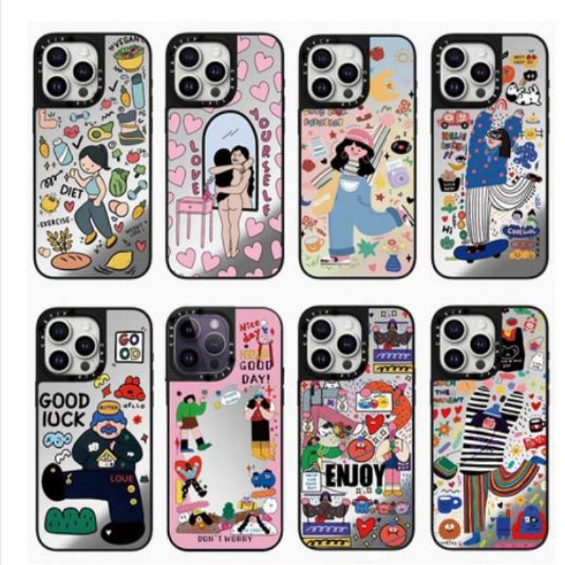 新款涂鸦快乐女孩爱自己镜面苹果手机壳适用于iphone16plus/15/14/13/12小众防摔磁吸卡通可爱电话保护套硬壳