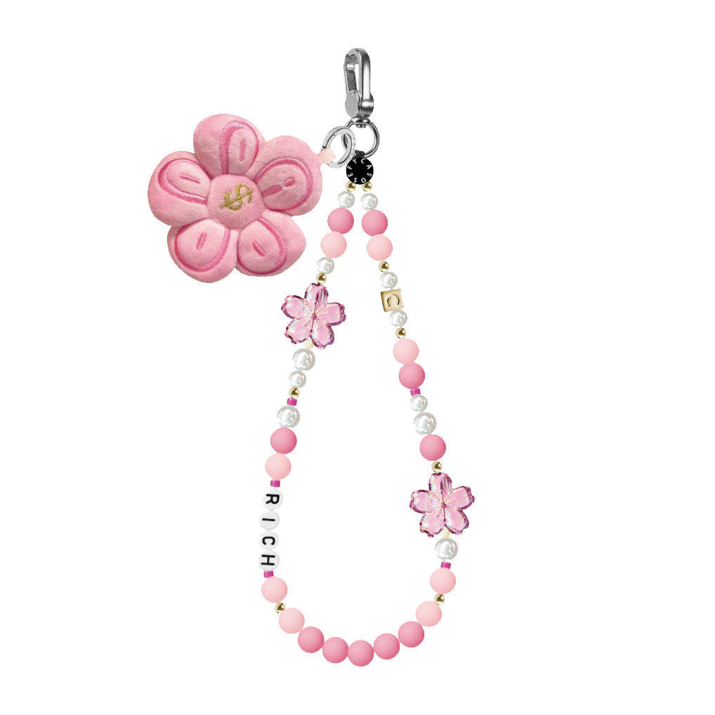 CASE有钱花樱花手机链少女粉色硅胶串珠手机链短款百搭手机挂绳女