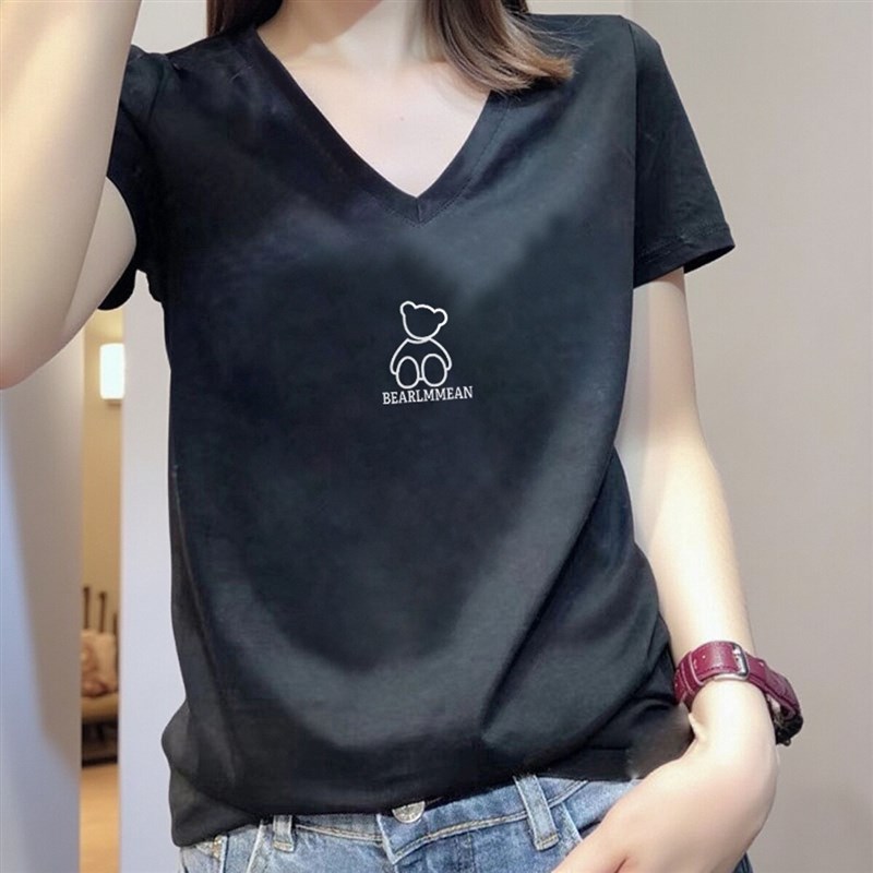 速发纯棉V领正肩短袖t恤女夏季2025新款时尚百搭宽松减龄显瘦白色