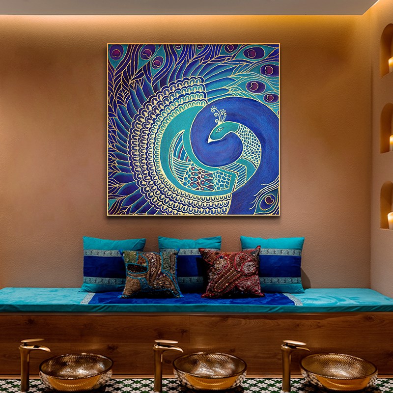 速发轻奢孔雀装饰画东南亚风格挂画泰式餐厅饭店玄关背景墙面壁画图片