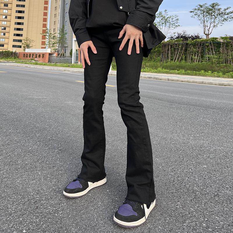 坠感直筒修身显瘦基础款纯色牛仔裤男美式高街黑色毛边微喇叭长裤