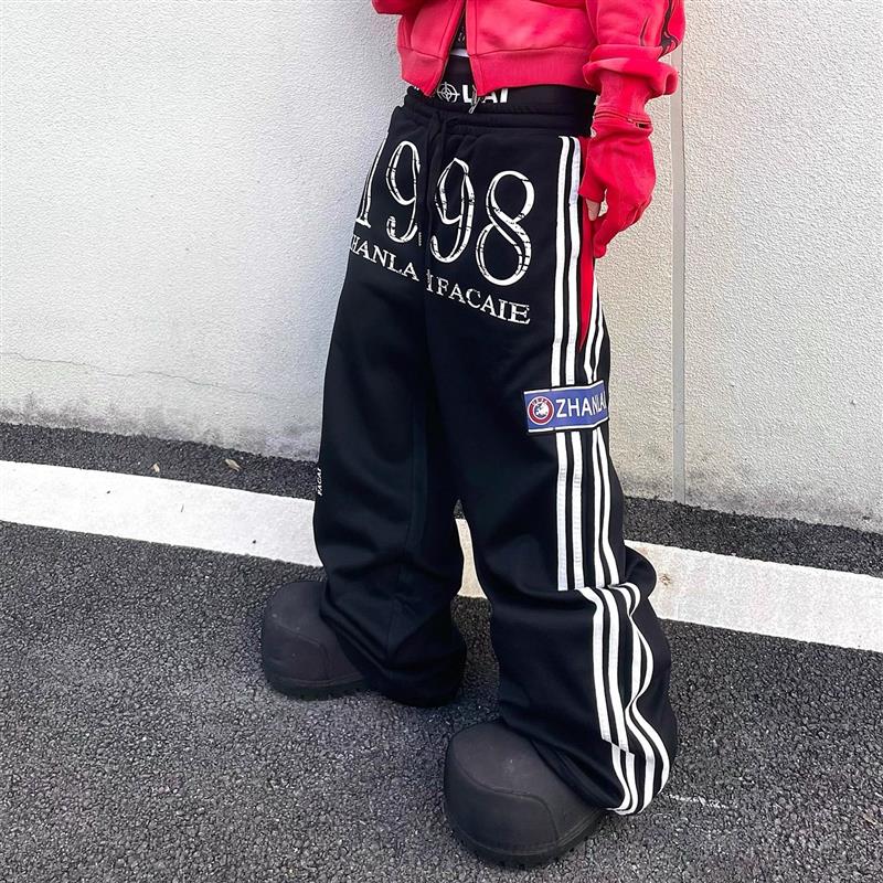 NIETPXFO 双腰头做旧印花抽绳休闲裤美式街头条纹Baggy宽松卫裤男