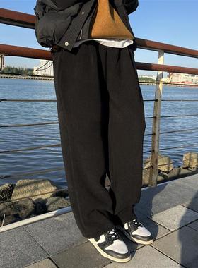 nick tian 秋冬新款黑色加绒加厚直筒休闲裤男款宽松流行长裤