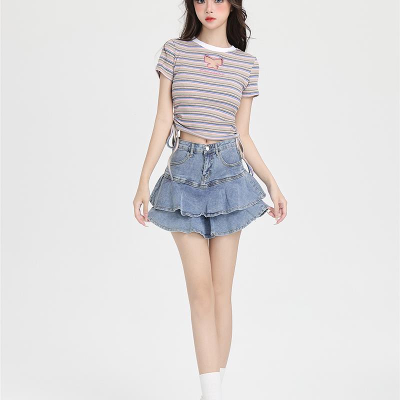 ENJOG 甜酷牛仔半身裙女花苞蛋糕裙高腰设计感小众包臀辣妹超短裙