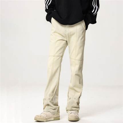 057studio 美式复古水洗黄泥牛仔裤微喇叭排扣高街vibe风直筒长裤