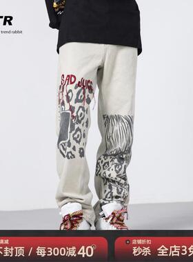 STRLAB 春季潮牌美式复古做旧刺绣牛仔裤男高街宽松直筒休闲裤子