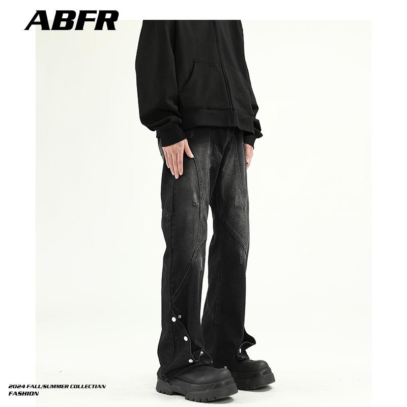 ABFR美式高街vibe风黑灰色微喇牛仔裤潮牌复古做旧修身直筒裤子男
