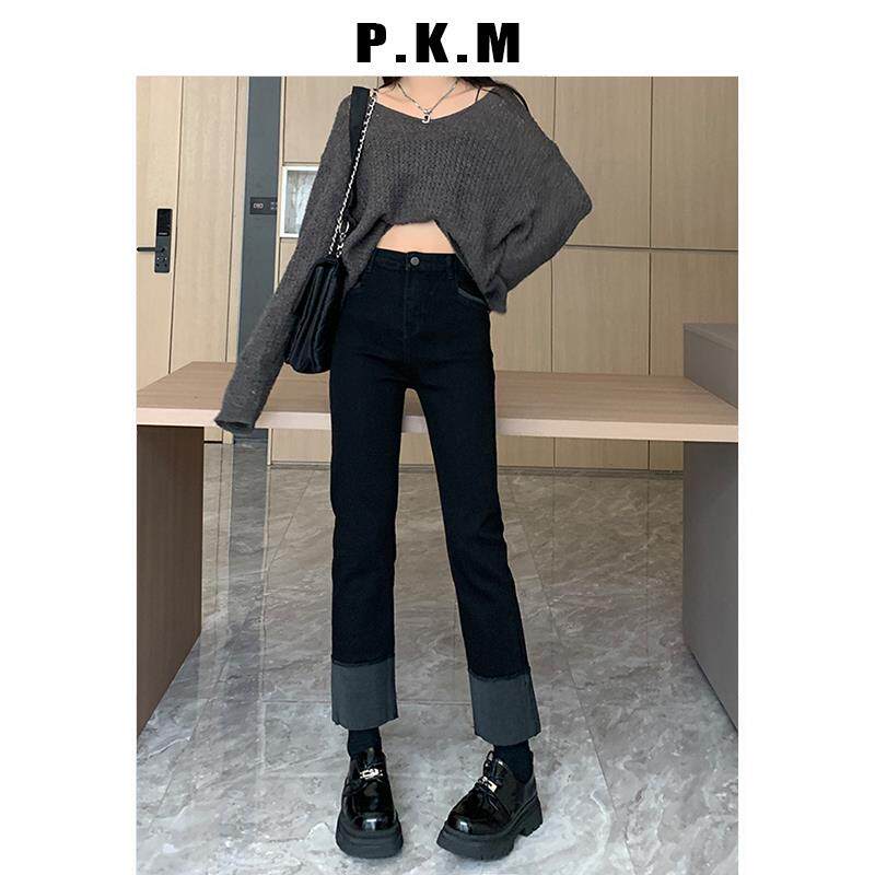 高腰黑色窄版直筒牛仔裤女2024年冬季新款小个子宽松显瘦烟管裤子