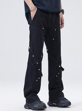 057studio 美式高街裤子男款黑色微喇叭牛仔裤潮流绑带vibe伐木裤