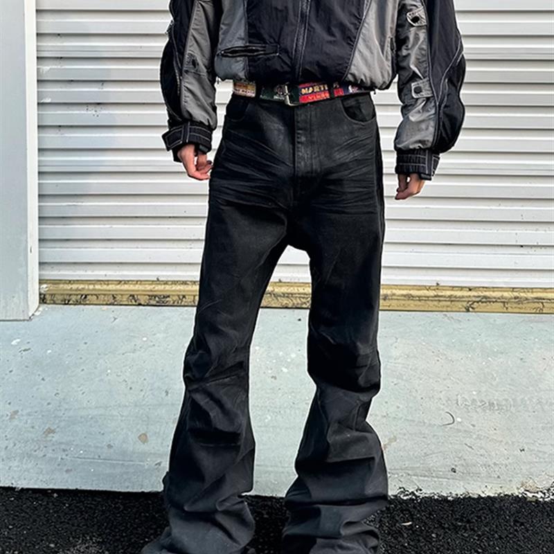 RO风美式暗黑高街手工刷蜡涂层弹力微喇叭牛仔裤拖地蜡裤bootcut