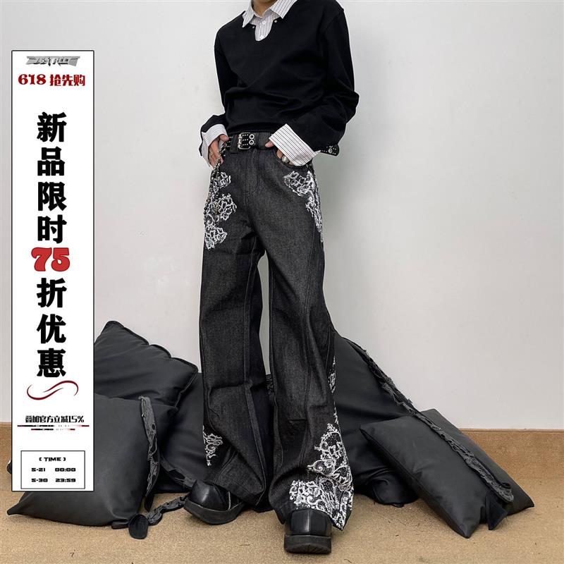 76STREET美式复古花卉印花微喇牛仔裤男cleanfit百搭直筒长裤子女