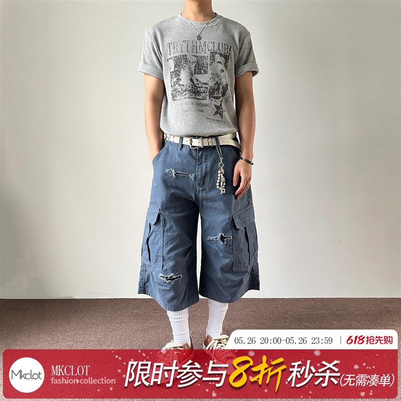 MKCLOT复古法工裤vintage蓝色工装短裤男款夏休闲宽松百搭七分裤